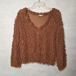 Mine Womens Rust Brown V-Neck Ligtweight Unique Textured Pullover Size Small